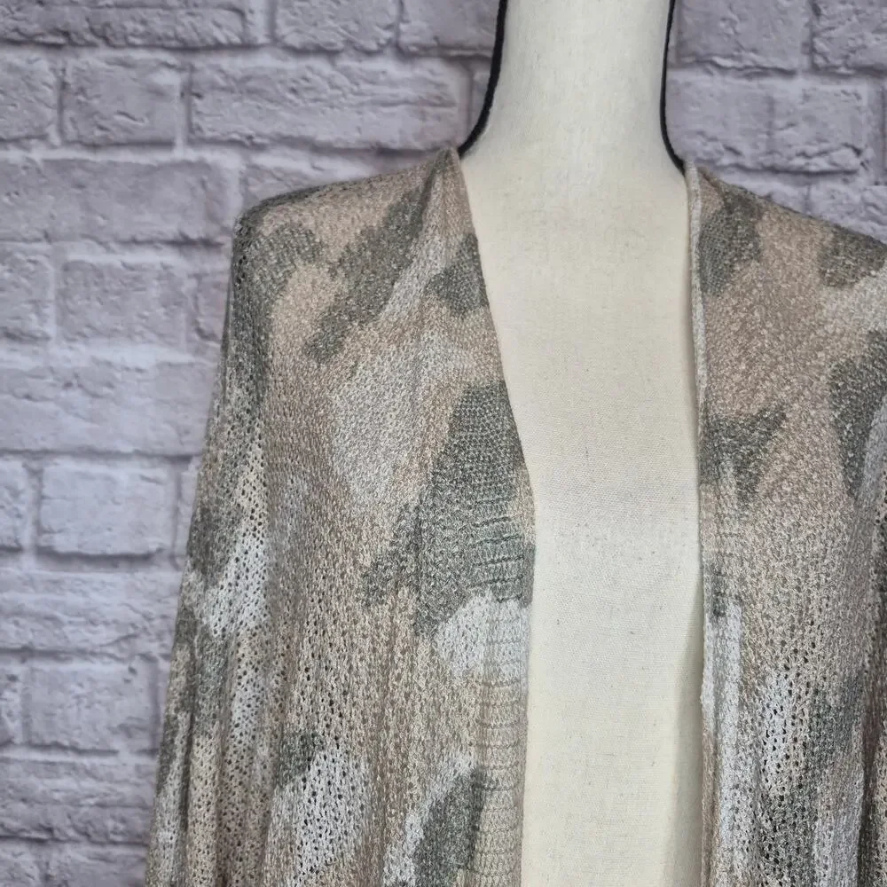 POL Camo Open Front Knit Cardigan Relaxed Fit Dropped Shoulder Duster Women Sz L